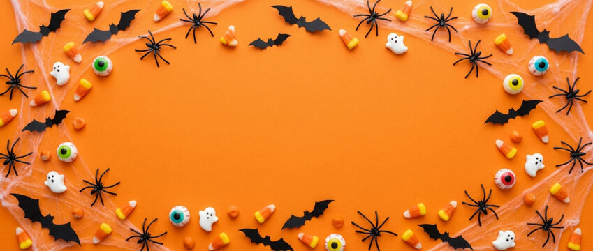 Halloween Spooky Border: Bats, Spiders, Ghosts, Eyeballs, Candy Corn, Cobwebs