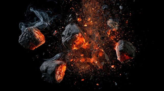 Exploding burning charcoal embers with flying sparks and smoke on black background.