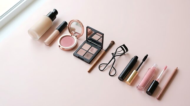 Set of professional makeup products including foundation blush eyeshadow palette mascara and eyelash curler. simple makeup tutorial