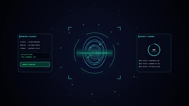 Biometric Fingerprint Scanner HUD Interface with Cyber Security Telemetry and Identity Verification Display