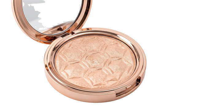 Rose gold highlighter compact with mirror, open makeup powder compact isolated on white, luxury face cosmetics for skin glow