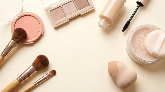 Set of professional makeup brushes and cosmetic products including face powder and mascara for beauty. simple makeup tutorial