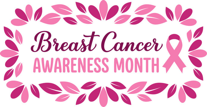 Breast cancer awareness month vector illustration featuring decorative pink ribbon symbols and elegant floral leaf frame designs
