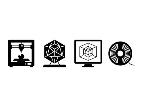 Vector icons set for 3D printing technology featuring equipment, digital modeling, geometric prototypes and raw materials