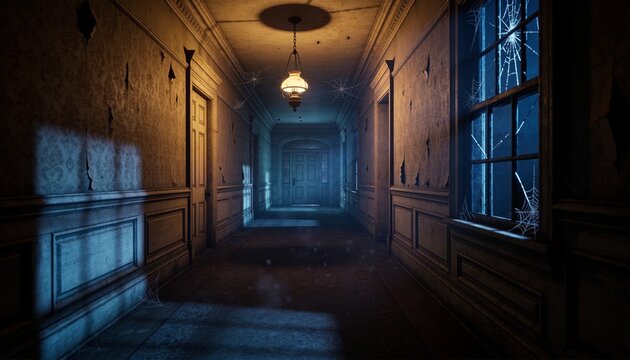 Revealing long corridor in historic hotel, pendant lamp casting warm light, window spilling blue