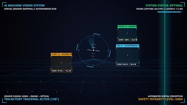 Tampilan Sistem Visi Mesin AI dengan Pemetaan Sensor Spasial dan Antarmuka HUD Otonom