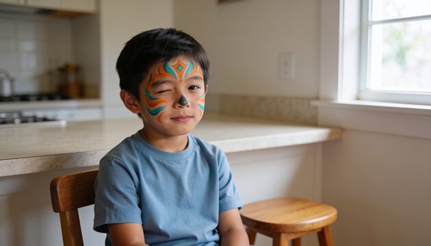 Winking child sitting on wooden chair at kitchen counter, in light blue T-shirt with face paint