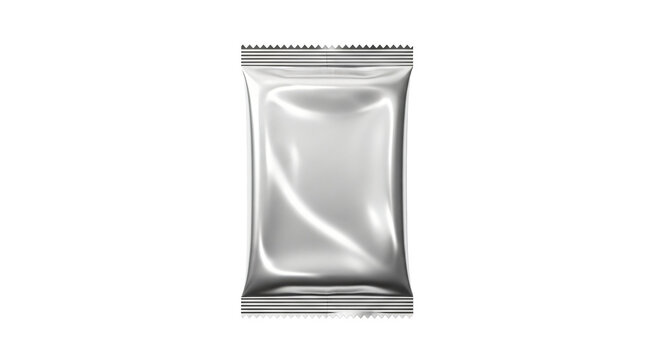 Silver foil packaging pouch mockup template for snacks and food products on transparent background