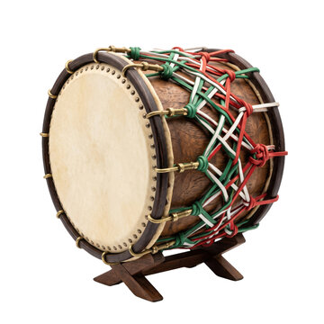 Traditional wooden festival drum with colorful lacing isolated on white