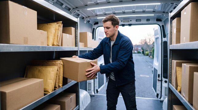 Delivery driver organizing ecommerce parcels inside a delivery van