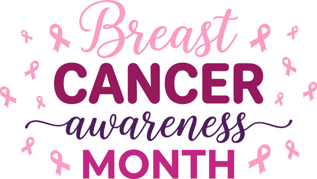 Breast cancer awareness month vector graphic typography design featuring pink ribbons and elegant purple lettering for medical campaigns