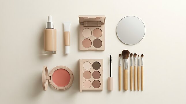 Set of professional makeup cosmetics and beauty brushes with a round mirror on a light beige background. simple makeup tutorial