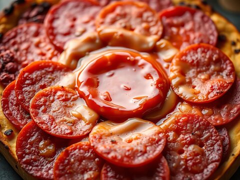Savory pepperoni slices surround a gooey center, savory, slice