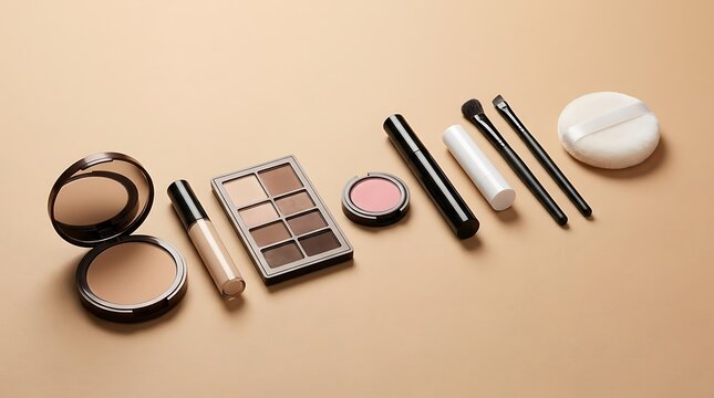 Various makeup products like eyeshadow palette and cosmetic brushes arranged on a soft orange background. simple makeup tutorial