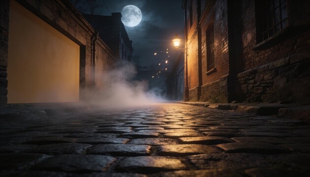 Glittering wet cobbled street reflecting streetlamp and moonlight down narrow alley, fog and embers