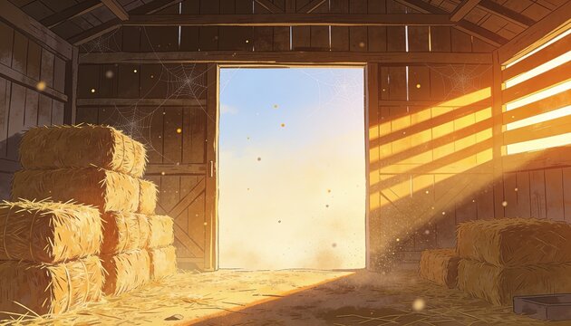 Flooding sunlight filling open barn doorway at hayloft, revealing stacked hay bales, cobwebs