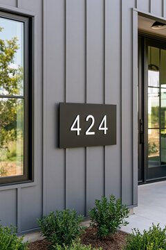 Black metal house number plaque 424 mounted on modern barndominium exterior wall with greenery