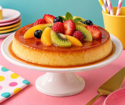 A creamy custard dessert topped with fresh, colorful fruits and drizzled with caramel. Perfect for celebrations or a sweet treat.