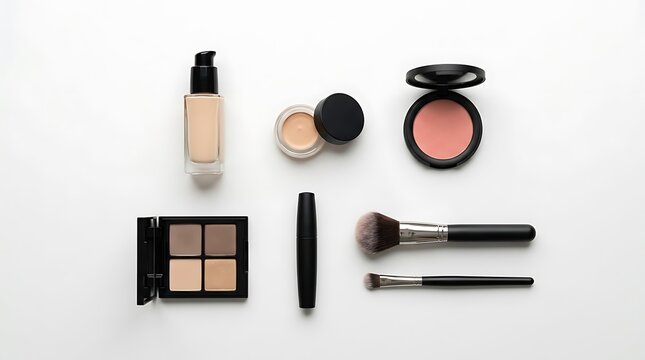 Set of professional makeup products including foundation bottle eye shadow powder and brushes for beauty. simple makeup tutorial