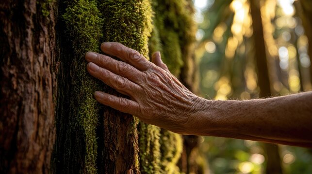Elderly hand touching mossy tree bark in forest.