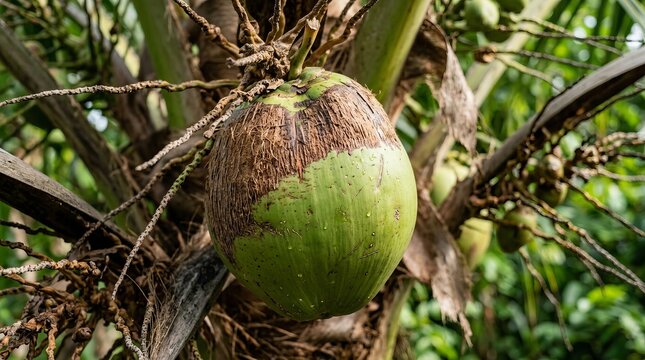 Fresh Young Green Coconut Hanging on Tropical Palm Tree Close-Up Macro