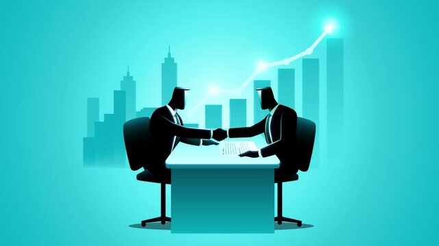 Corporate business partnership animation showing two executives signing an agreement and shaking hands as a financial growth chart and buildings rises in the background. 