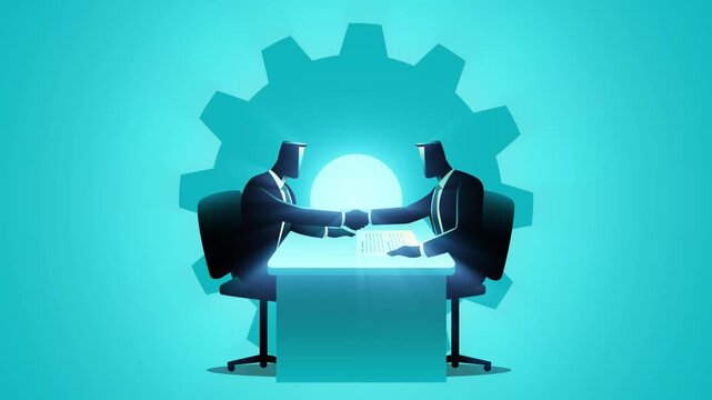 The animation represents finding the right solution, strategic partnership, teamwork, business connection, collaboration, decision making and completing a successful business process.