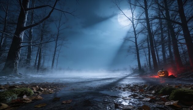 Glowing carved jack-o'-lantern casting orange glow in forest clearing under full moon, copy space