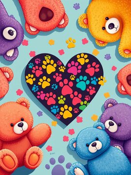 Whimsical illustration featuring a heart filled with colorful paw prints surrounded by cuddly teddy bears, texture, playful