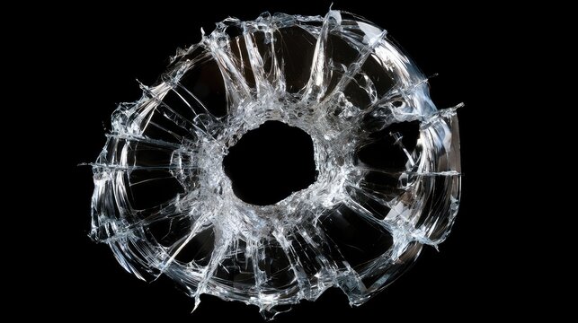 Realistic bullet hole in shattered glass pane on black background.