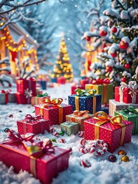 Winter wonderland scene with colorful presents and candies scattered on snow, candies, season
