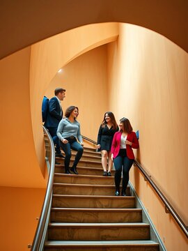 Young professionals ascending a spiral staircase, engaged in lively conversation, ||stairs, colleagues