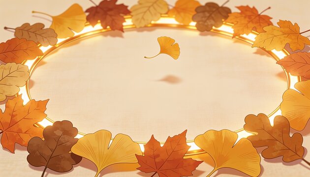 Showing fall leaf wreath around glowing gold ring on beige surface, ginkgo floating casting shadow