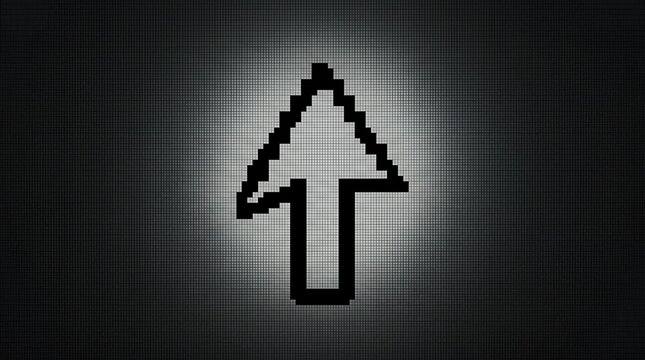 Pixelated black up arrow on a dark mesh background.