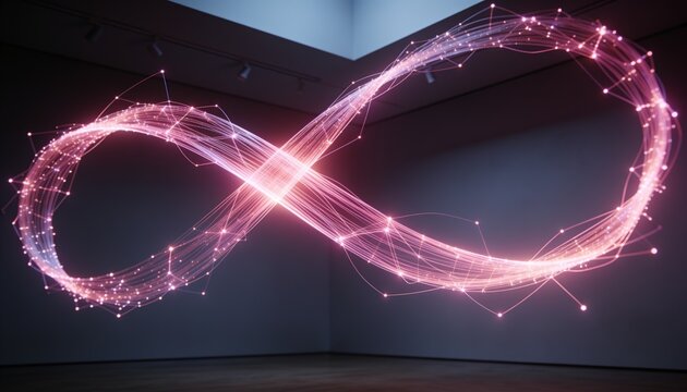 Floating luminous infinity sculpture pulsing in grey gallery corner showing bright crossover point