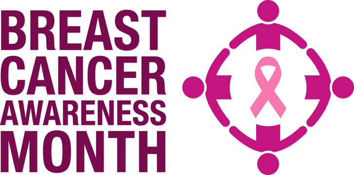 Breast cancer awareness month vector illustration featuring typography and pink ribbon surrounded by supportive people holding hands