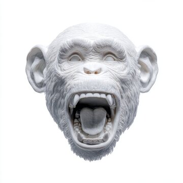 White 3D Printed Chimpanzee Head Sculpture With Open Mouth Isolated On A Clean White Background