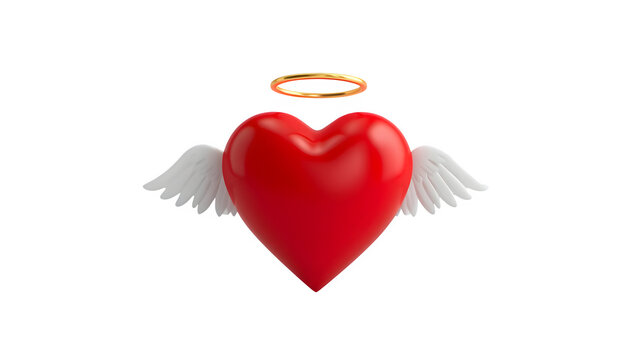 Glossy red heart shape featuring soft white feathery wings and a polished golden halo floating elegantly against a plain white background for romantic concepts of love kindness and pure affection.