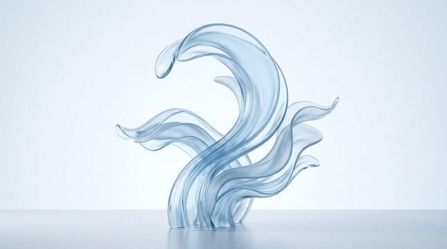 A translucent, light blue abstract glass sculpture mimicking the fluid, swirling motion of a cresting wave or flowing water against a soft, bright, minimalist background.