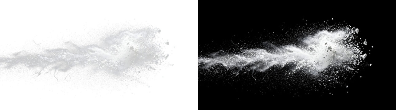 White powder explosion cloud burst frozen in midair with dynamic scattering particles and flying debris isolated on transparent background
