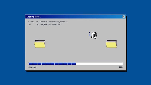 Retro computer operating system window showing data transfer progress. 4K Video