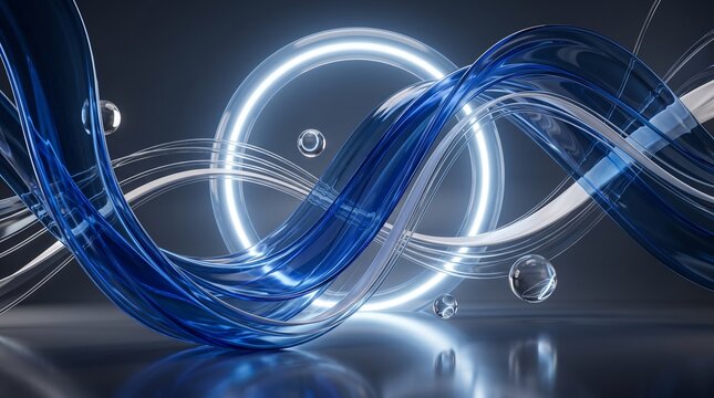 Abstract 3D digital art composition featuring swirling translucent blue and white ribbons weaving through a glowing circular neon ring with floating crystalline spheres on a dark reflective surface