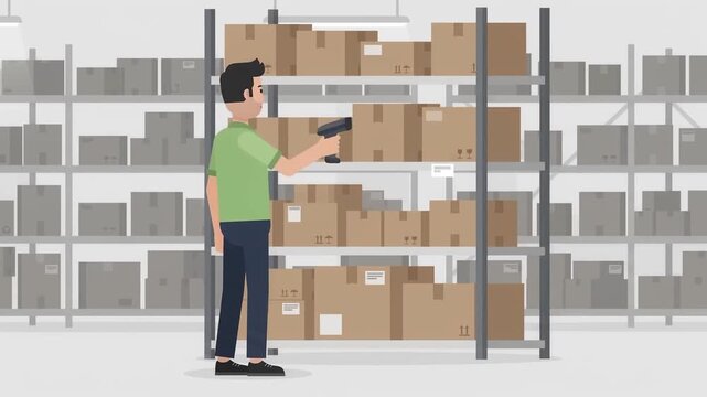 Male warehouse worker scanning cardboard boxes on storage shelves for inventory management and logistics tracking in an industrial storehouse