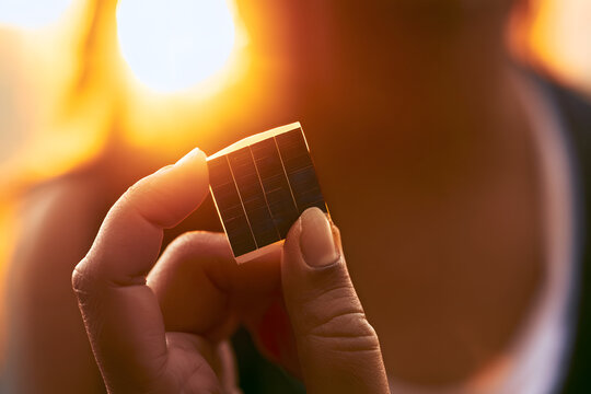 Close-up of a hand holding a small solar cell stack against a bright, warm, out-of-focus sun, symbolizing renewable energy and technology innovation.