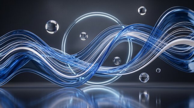 Abstract 3D digital artwork featuring flowing blue and white glowing ribbons intertwined with transparent spheres against a dark, reflective gradient background