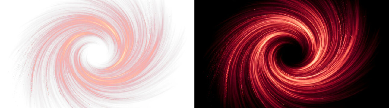 Red vortex spiral graphic element featuring glowing particle trails and dynamic rotation motion effects presented in dual color contrast on transparent background