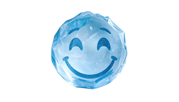 Frozen ice emoji sphere with a cheerful smiling face expression carved into a detailed translucent blue crystalline surface captured on a plain white background for bright and modern digital designs