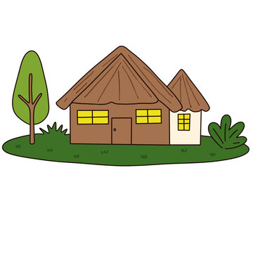 Cute cozy wooden cabin hut with green trees and garden illustration