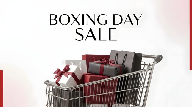 Boxing day sale announcement with a shopping cart overflowing with gift boxes