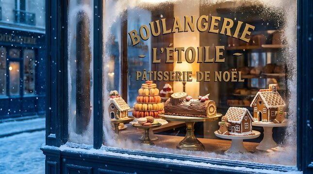 Christmas bakery display with gingerbread houses in Paris